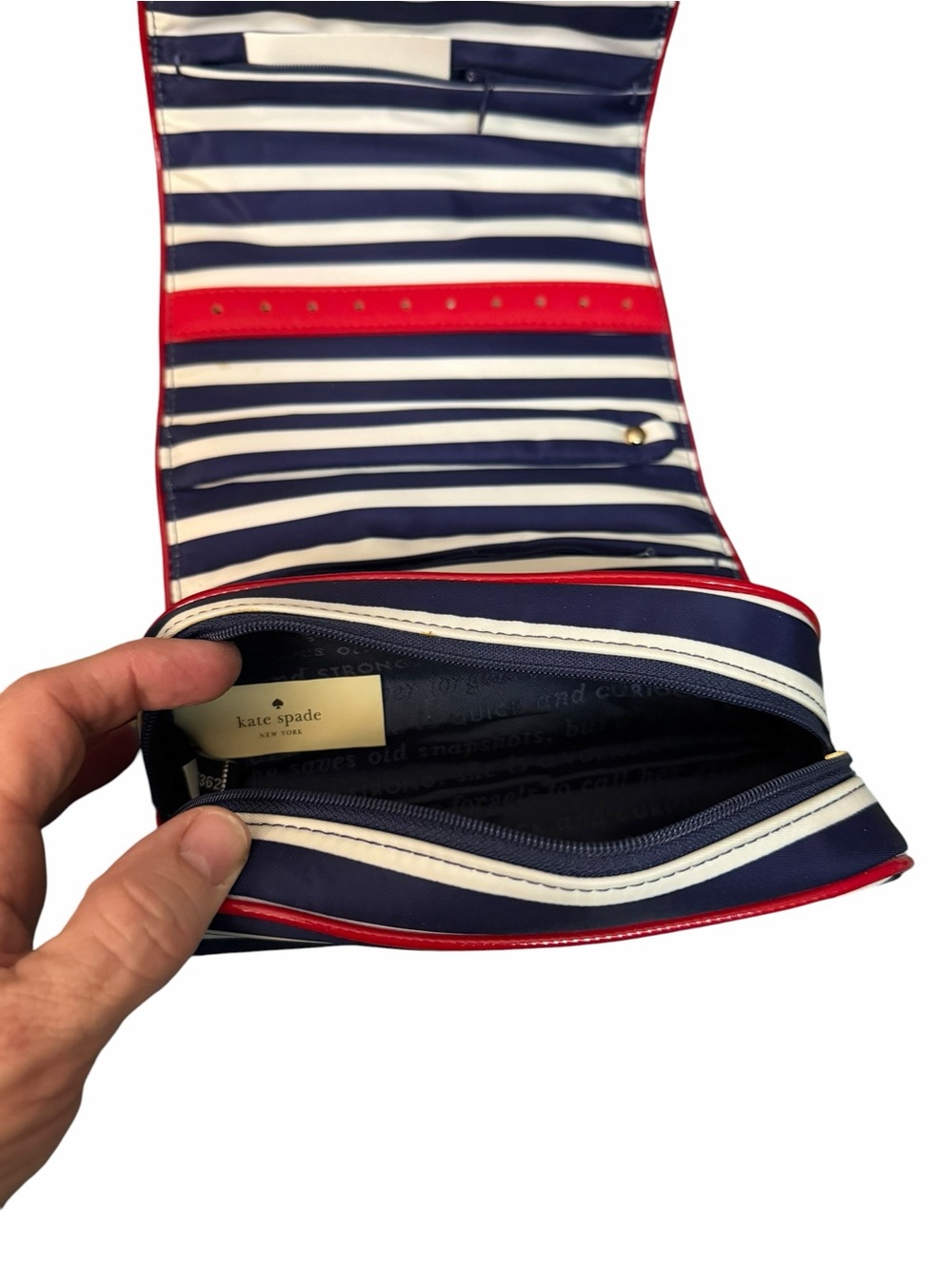 NWT Kate Spade Striped Navy & White Roll Jewelry Travel Vacay Bag with Red Trim - Picture 6 of 14